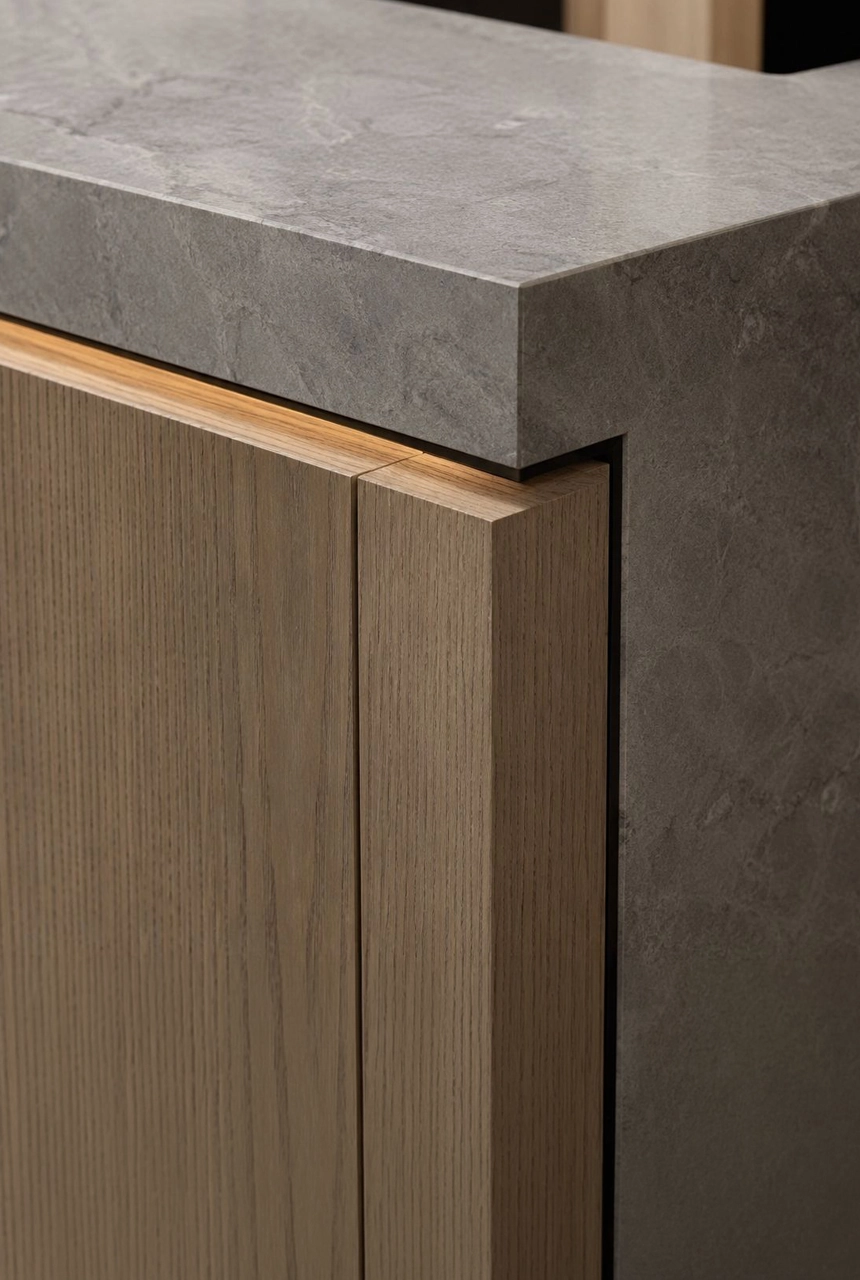 X4 Design and Build fit-out detail showing stone countertop edge, vertical wood cabinet joint, shadow gap, clean material transition, and luxury joinery finishing